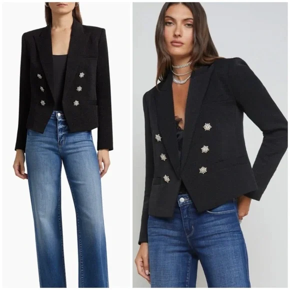 NWT L'AGENCE Brooke Double-Breasted Blazer in Black Rhinestone SZ US 12 - Picture 1 of 9